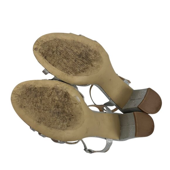 Badgley Mischka Silver Glitter Block Heel Dress Sandals Womens SZ 8 Ankle Strap - Picture 5 of 16